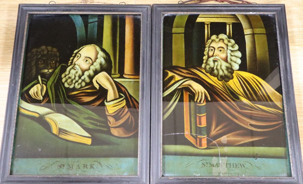 A pair of reverse glass pictures of St Mark and St Matthew, width 25cm height 35cm